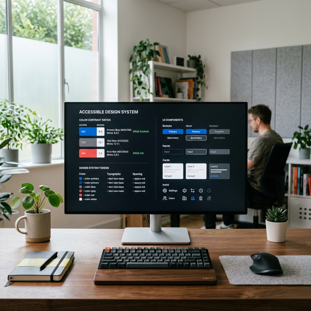 Uma fotografia editorial de uma estacao de trabalho moderna mostrando uma tela com tokens de design system focado em acessibilidade.