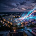 Vista do Pentagono com elementos digitais de inteligencia artificial sobrepostos, representando a fusao entre defesa e tecnologia.
