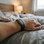 Um dispositivo ActLumus moderno e discreto, capturando dados de saude e bem-estar em um ambiente tranquilo.