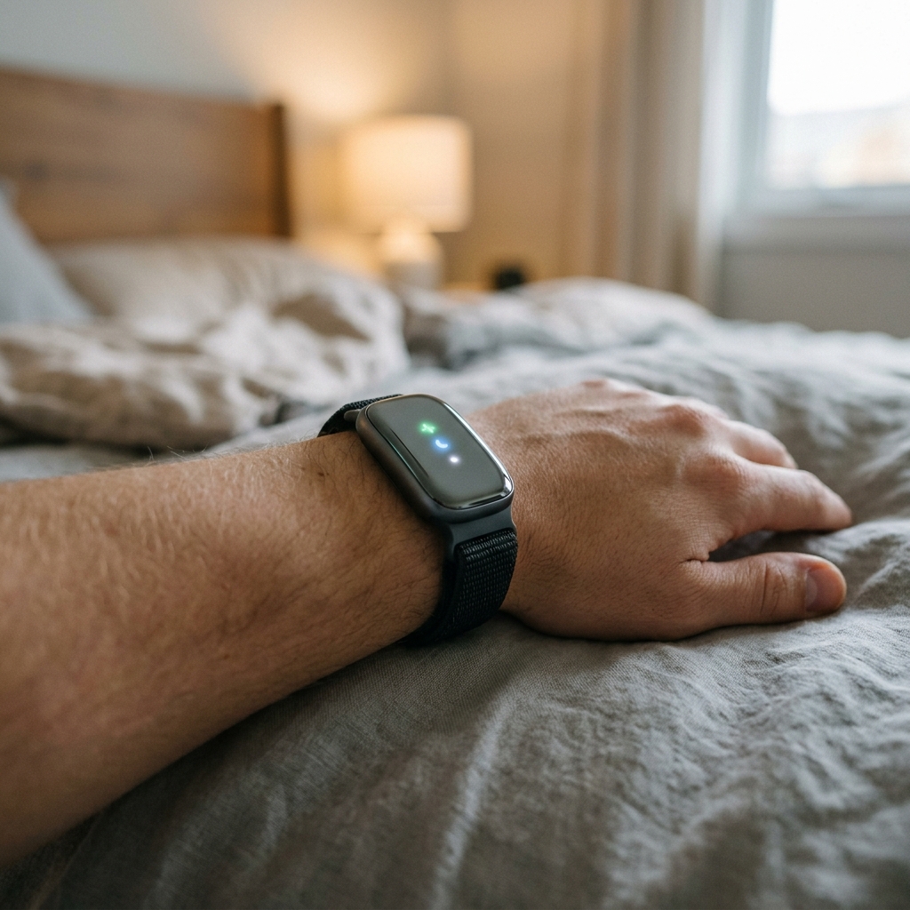 Um dispositivo ActLumus moderno e discreto, capturando dados de saude e bem-estar em um ambiente tranquilo.