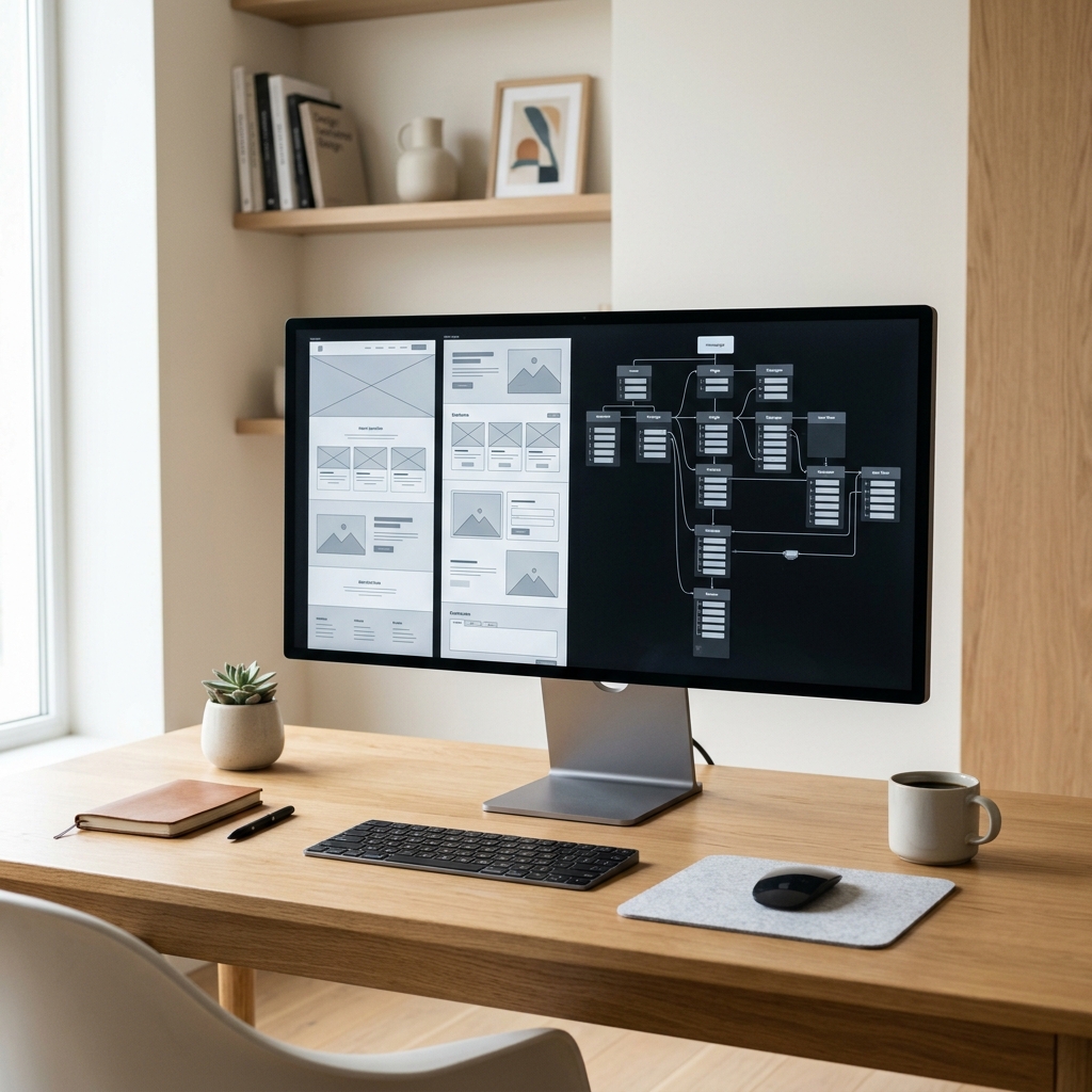 Tela de computador exibindo um wireframe e sitemap gerados por inteligencia artificial em um ambiente de trabalho minimalista de web design.