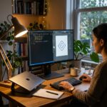 Espaco de trabalho de um web designer com tela mostrando vetorizacao de assets usando inteligencia artificial