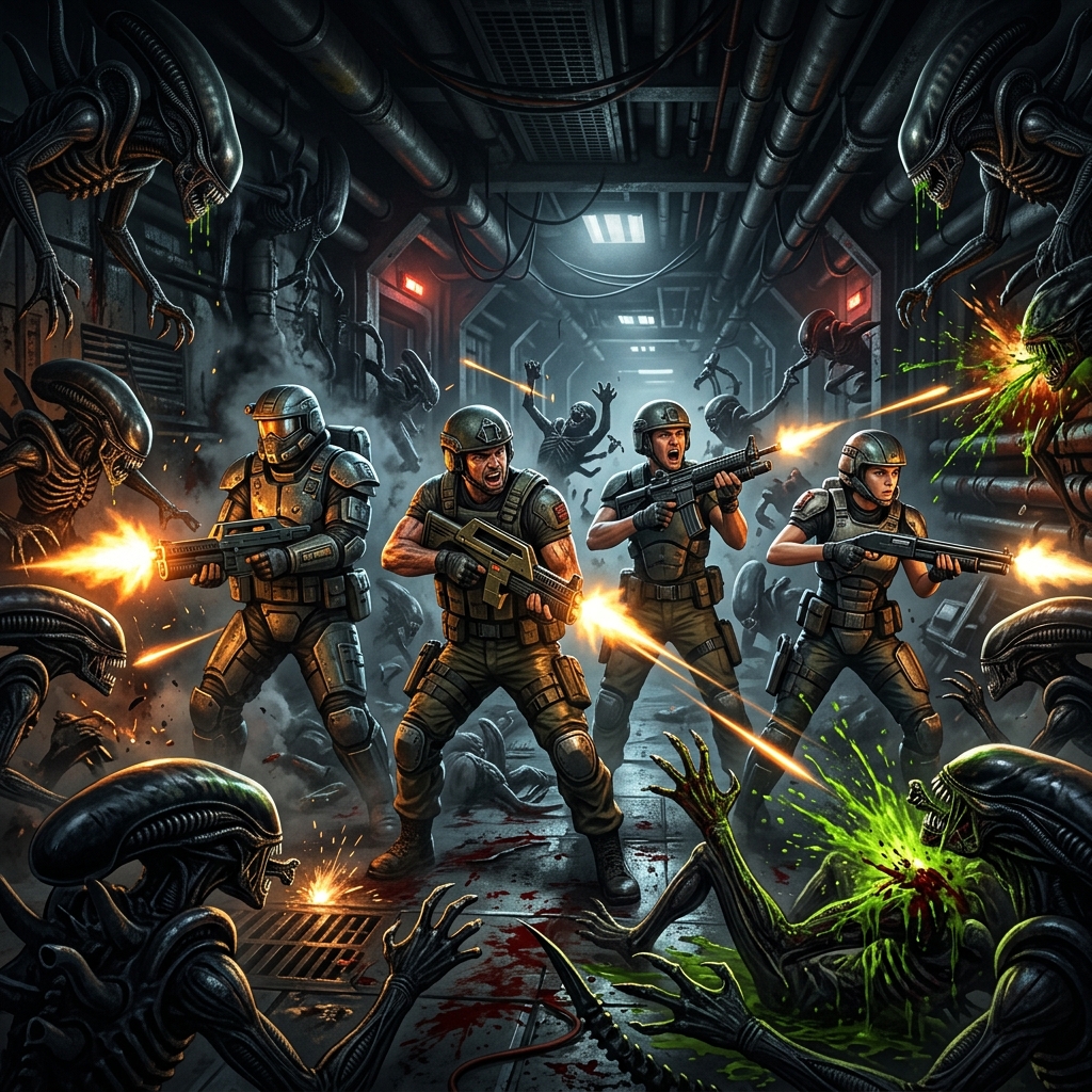 Um fuzileiro espacial armado confrontando xenomorfos em um corredor escuro e metalico, com acao dinamica e atmosfera tensa.