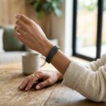 Foto em estilo editorial de um bracelete inteligente minimalista no pulso de uma pessoa com uma pequena luz verde acesa
