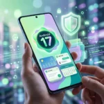 Uma tela de smartphone futurista com icones abstratos de agentes de IA, escudos de privacidade e varias janelas de aplicativos abertas, em um design limpo e moderno.