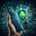 Ilustracao conceitual de seguranca e privacidade de dados em um smartphone, com escudos digitais protegendo informacoes, simbolizando o Android 17.