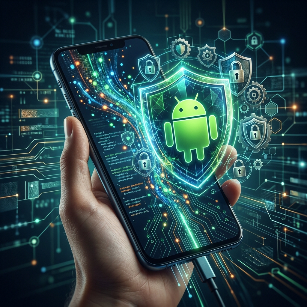 Ilustracao conceitual de seguranca e privacidade de dados em um smartphone, com escudos digitais protegendo informacoes, simbolizando o Android 17.