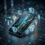 Representacao visual de um smartphone seguro com escudos digitais e cadeados, simbolizando a protecao de dados e privacidade no Android 17.