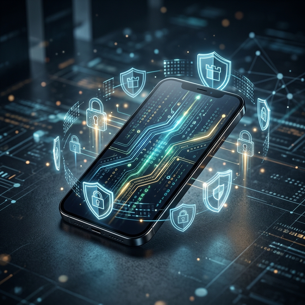 Representacao visual de um smartphone seguro com escudos digitais e cadeados, simbolizando a protecao de dados e privacidade no Android 17.