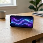 Smartphone moderno sobre mesa de madeira exibindo luzes abstratas de inteligencia artificial na tela