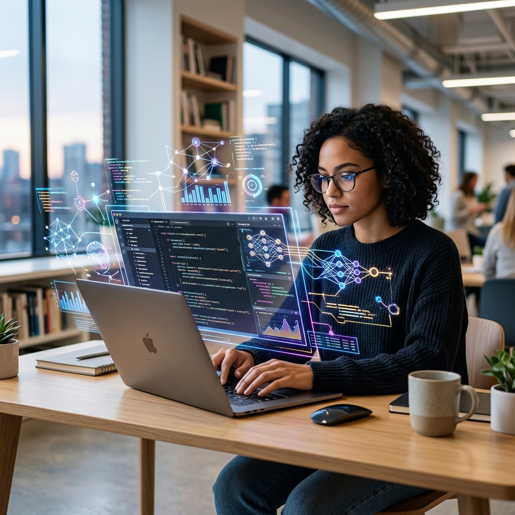 Uma pessoa programando em um notebook, com elementos de interface de inteligencia artificial flutuando ao redor da tela, simbolizando a assistencia e automacao da IA no aprendizado de codigo.