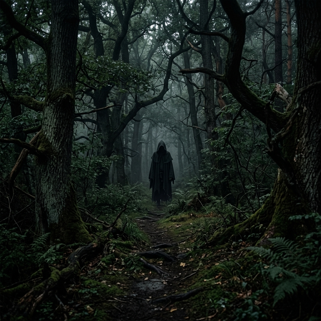 Figura encapuzada em uma floresta medieval escura, simbolizando o misterio de Assassin's Creed Hexe e sua ambientacao.