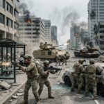 Cena de combate intensa em Battlefield 6 com soldados e veiculos em um campo de batalha.