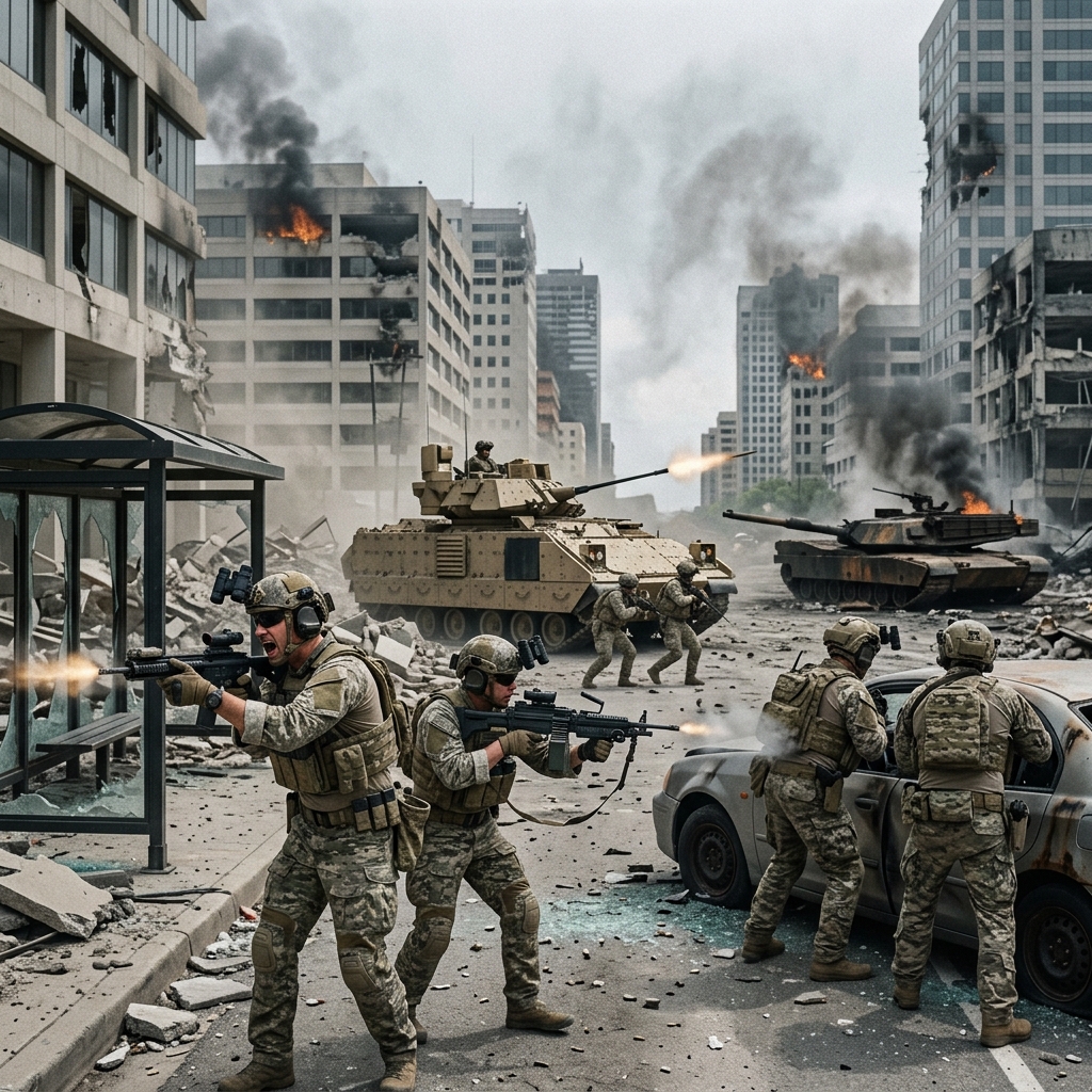 Cena de combate intensa em Battlefield 6 com soldados e veiculos em um campo de batalha.