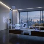 Ambiente futurista com smartphones, tablets e notebooks carregando sem fios no ar, sem cabos visiveis, em um escritorio moderno com iluminacao suave.