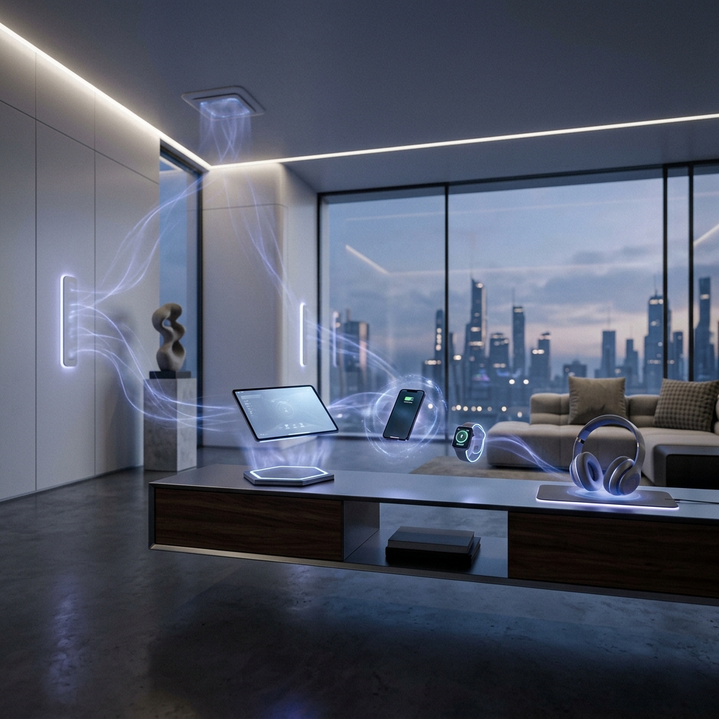Ambiente futurista com smartphones, tablets e notebooks carregando sem fios no ar, sem cabos visiveis, em um escritorio moderno com iluminacao suave.