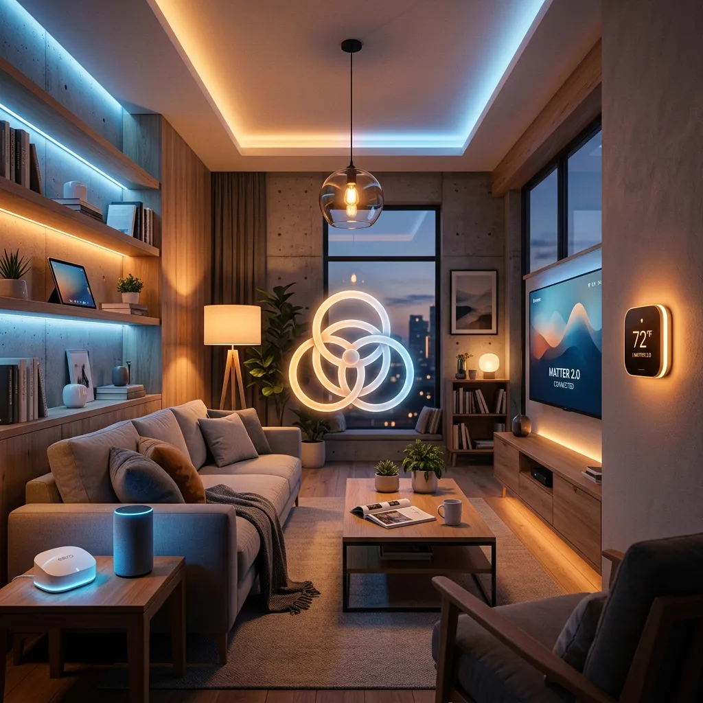 Uma sala de estar moderna com varios dispositivos de casa inteligente de diferentes marcas, como lampadas, termostatos e assistentes de voz, todos conectados e funcionando de forma harmoniosa.