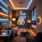 Uma sala de estar moderna com varios dispositivos de casa inteligente de diferentes marcas, como lampadas, termostatos e assistentes de voz, todos conectados e funcionando de forma harmoniosa.
