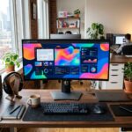 Mesa de estudio com monitor exibindo camadas visuais de interface, amostras de contraste de cor e transicoes locais entre componentes