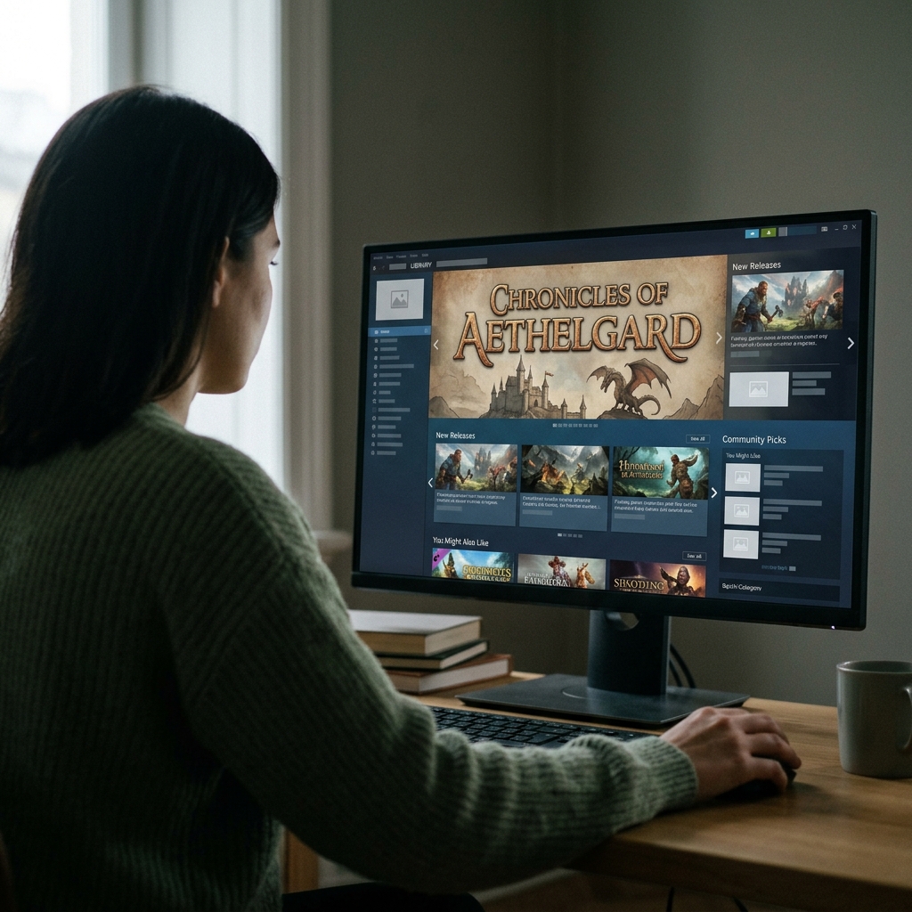 Um jogador brasileiro avaliando a pagina de um jogo chamado "Chronicles of Aethelgard" na plataforma Steam, com foco nas recomendacoes e fila de descoberta.