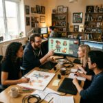Desenvolvedores de jogos brasileiros trabalhando em escritorio moderno