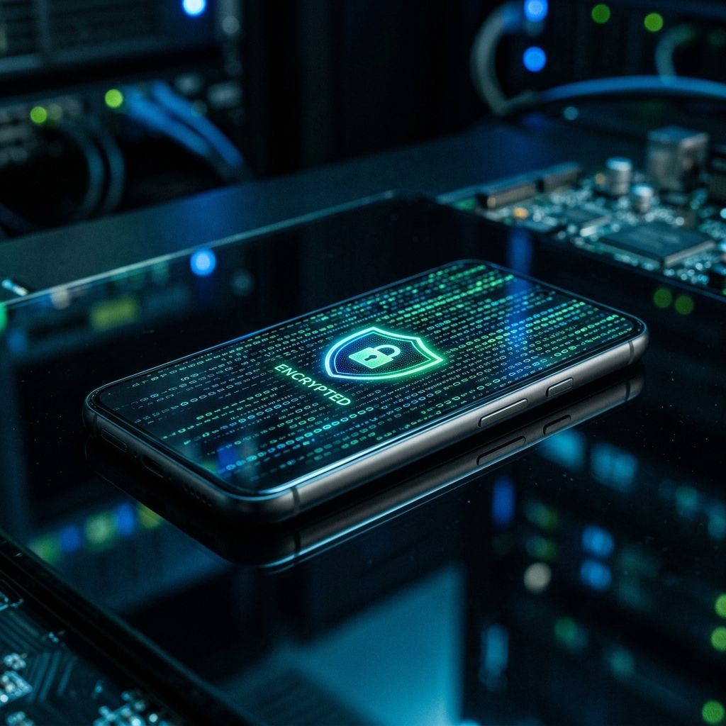 Um smartphone moderno deitado em uma superficie escura com luzes verdes e azuis projetadas na tela, simbolizando seguranca digital.