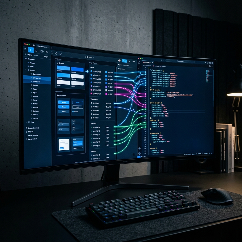 Interface de design system mostrando mapeamento de tokens entre Figma e editor de codigo