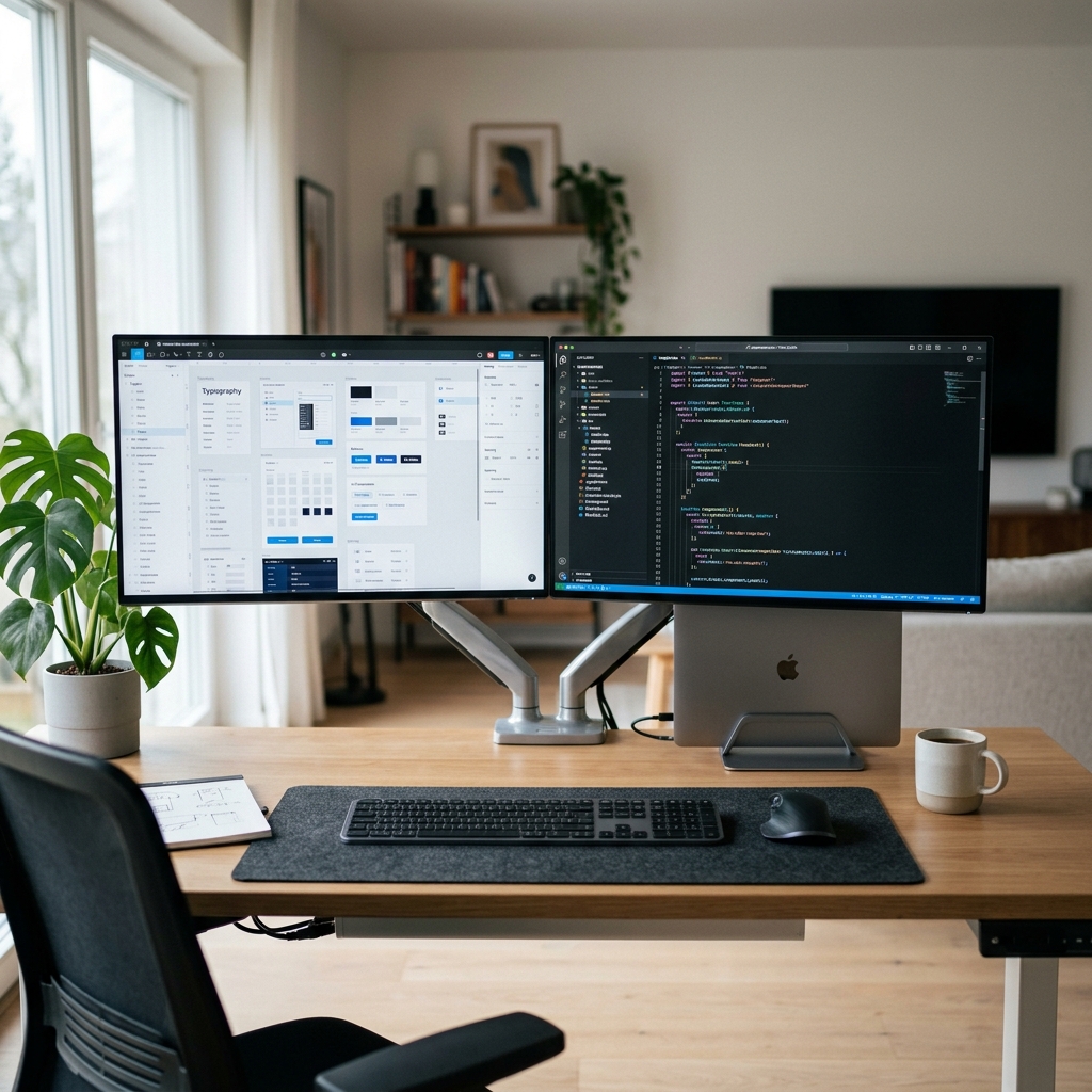 Espaco de trabalho moderno com duas telas mostrando a integracao de tokens de design no Figma e codigo em um editor de texto, representando um design system escalavel em 2026.
