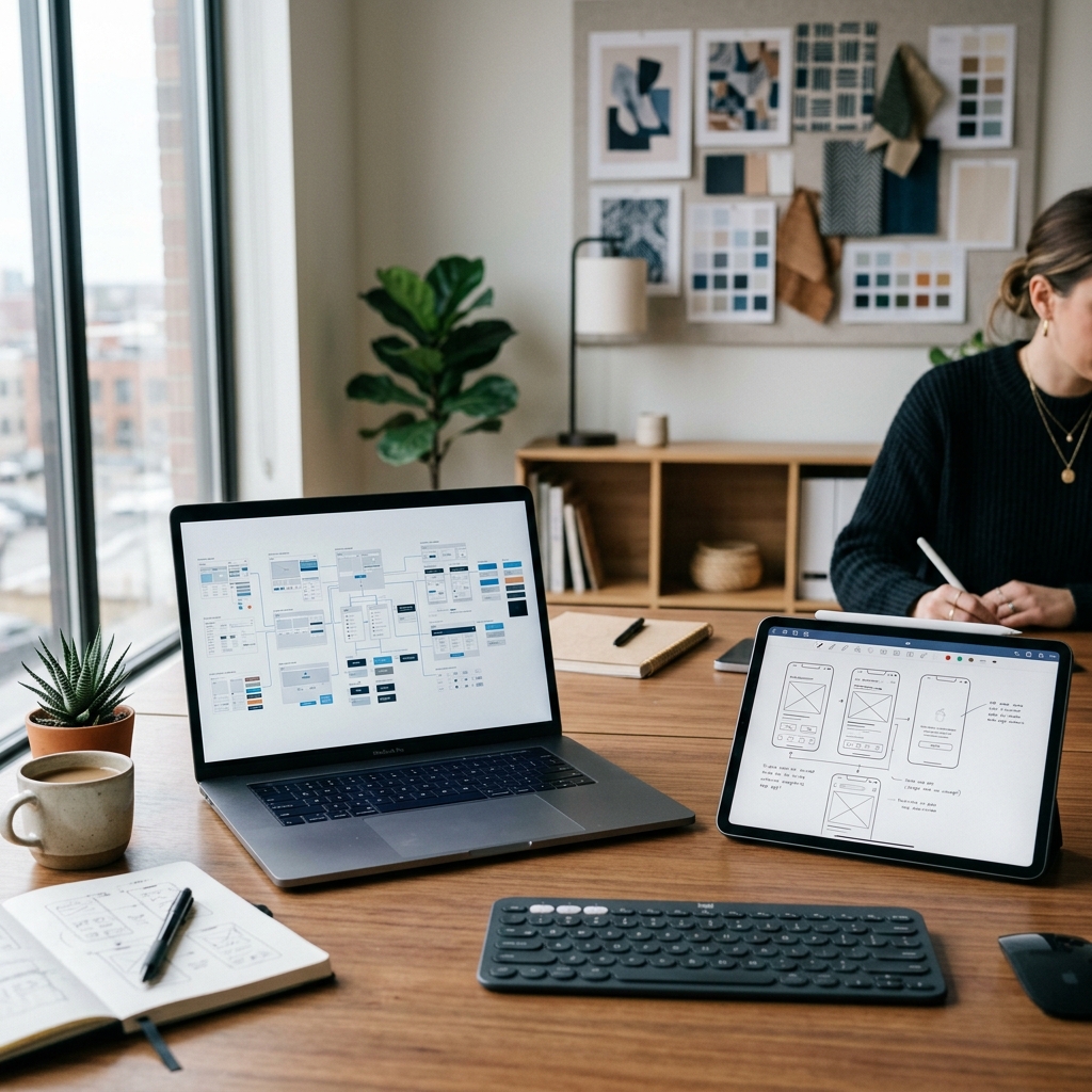 Mesa de trabalho moderna com laptop exibindo a estrutura de um design system multiplataforma sincronizado entre Figma e código.