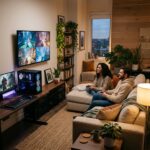 Duas pessoas jogando videogame em um computador em uma sala aconchegante com iluminacao suave.