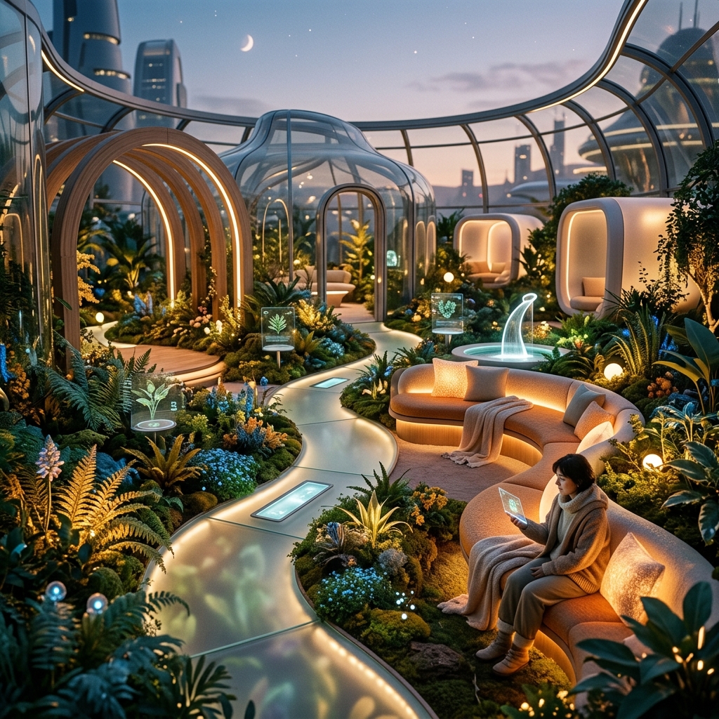 Uma imagem que retrata um cenario de jogo Cozy Punk, combinando elementos de um jardim acolhedor com toques de tecnologia sutil e futurista, transmitindo uma atmosfera relaxante.