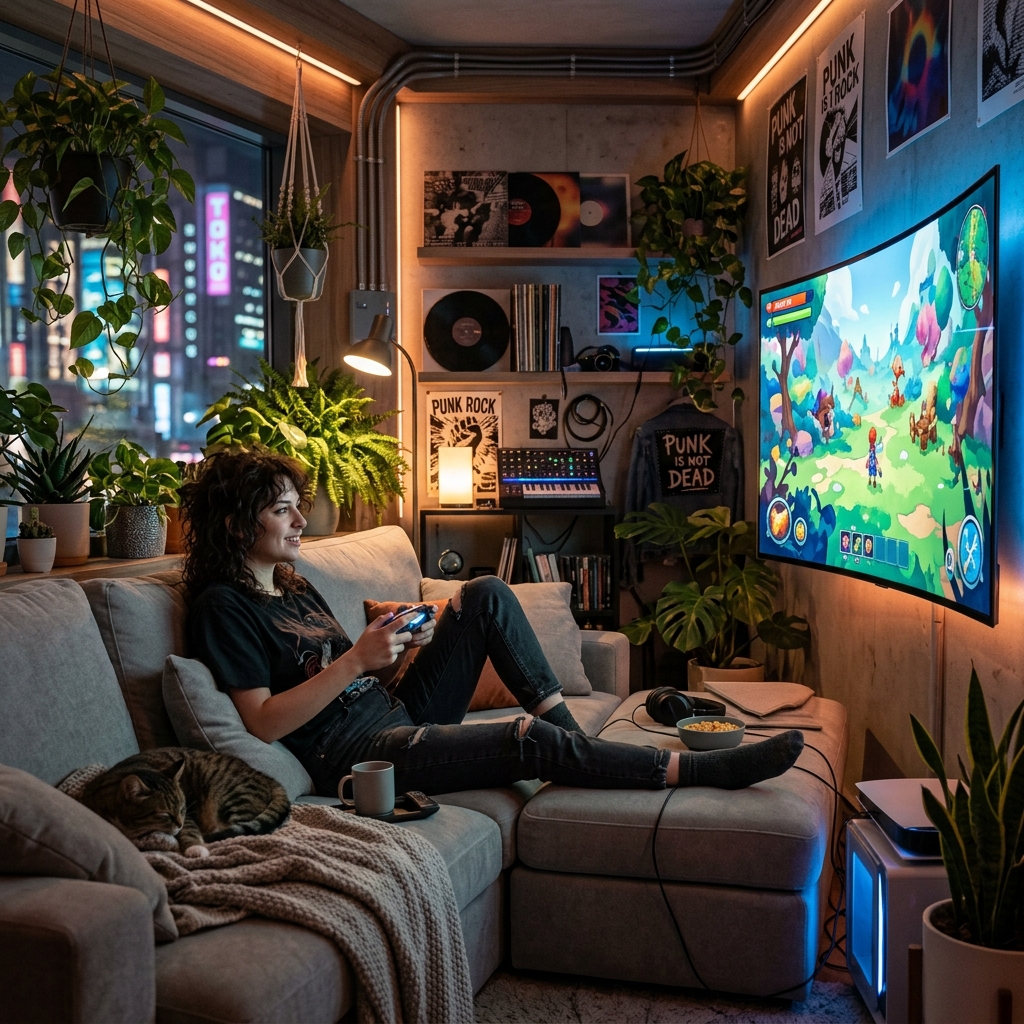Um jogador relaxando em um sofa macio em um ambiente futurista e aconchegante, com elementos de design punk sutis, imerso em um jogo tranquilo.