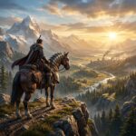 Guerreiro montado em um cavalo, ou criatura fantastica, atravessando um vasto deserto ao por do sol, com formacoes rochosas e dunas. Pequenos pontos cintilantes no chao indicam recursos para extracao.