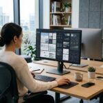 Monitor de computador mostrando um layout modular responsivo em um ambiente de escritorio moderno.