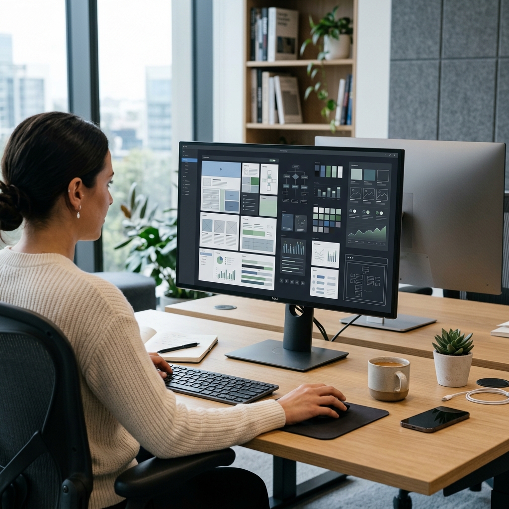 Monitor de computador mostrando um layout modular responsivo em um ambiente de escritorio moderno.