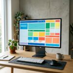 Monitor de computador exibindo um layout de grid colorido e minimalista em um escritorio moderno.
