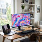 Espaco de trabalho moderno com monitor exibindo design fluido e colorido em tela, representando transicoes de interface.