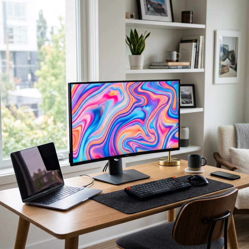 Espaco de trabalho moderno com monitor exibindo design fluido e colorido em tela, representando transicoes de interface.