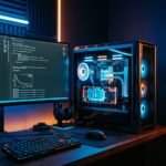Ilustracao de um servidor de computador potente rodando modelos de inteligencia artificial em um quarto escuro com luzes neon.