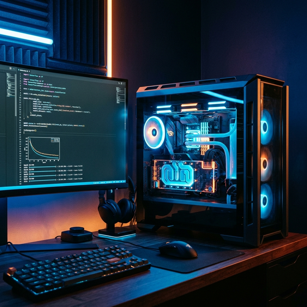 Ilustracao de um servidor de computador potente rodando modelos de inteligencia artificial em um quarto escuro com luzes neon.