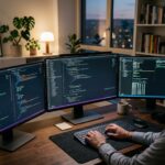 Ambiente de desenvolvimento front-end com telas exibindo codigo, maos digitando, focado na tecnologia e inovacao.