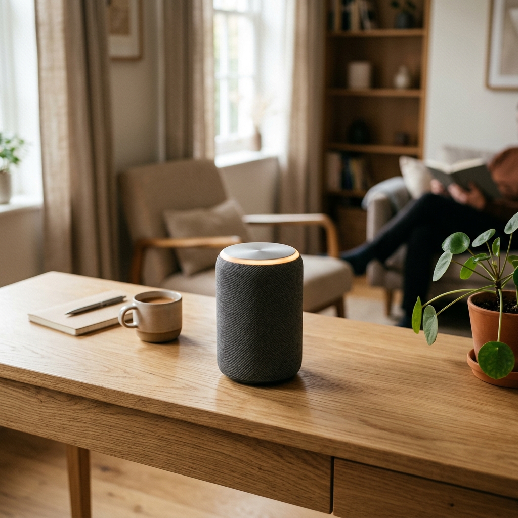 Dispositivo de som inteligente minimalista sobre mesa de madeira com luz natural suave, representando a tecnologia de design de voz.