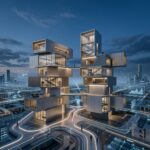 Ilustracao futurista de blocos modulares interconectados, simbolizando a construcao de um Design System escalavel e eficiente para projetos web em 2026.