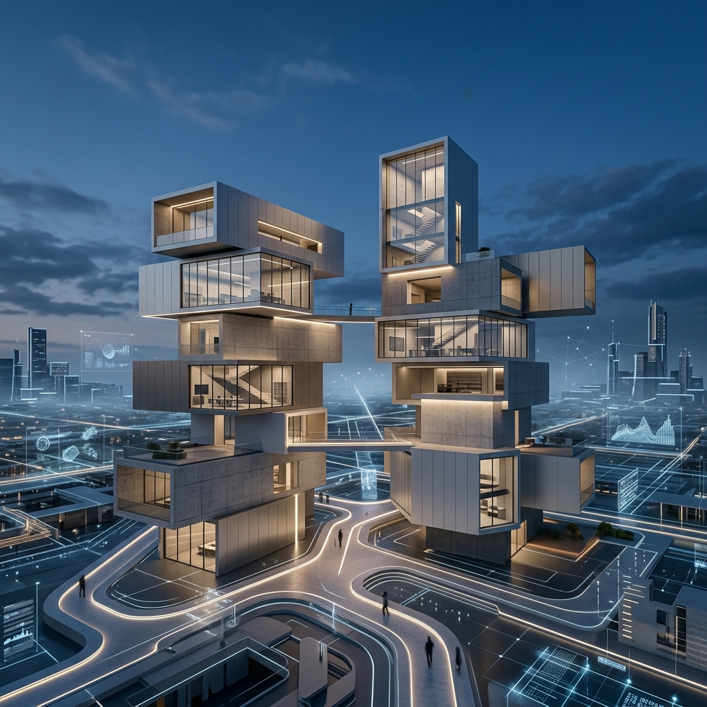 Ilustracao futurista de blocos modulares interconectados, simbolizando a construcao de um Design System escalavel e eficiente para projetos web em 2026.