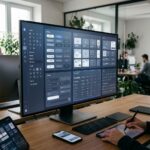 Interface de um Design System de UI/UX moderno com componentes organizados e harmoniosos, representando a criacao e manutencao de sistemas de design.