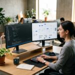 Ambiente de trabalho moderno mostrando telas com codigos e esquemas de design tokens conectados por linhas, representando a integracao entre design e desenvolvimento.