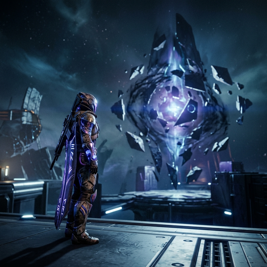 Um Guardiao de Destiny 2 observando um horizonte misterioso, simbolizando a chegada de uma nova temporada e conteudos ineditos.