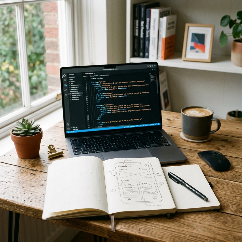 Mesa de trabalho de design com um caderno mostrando um rascunho feito a mao ao lado de um notebook que exibe linhas de codigo HTML e Tailwind CSS.