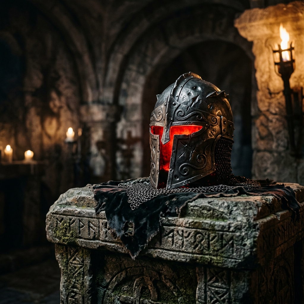 Capacete de armadura medieval de fantasia escura com detalhes vermelhos em cima de um altar de pedra com iluminacao dramatica.