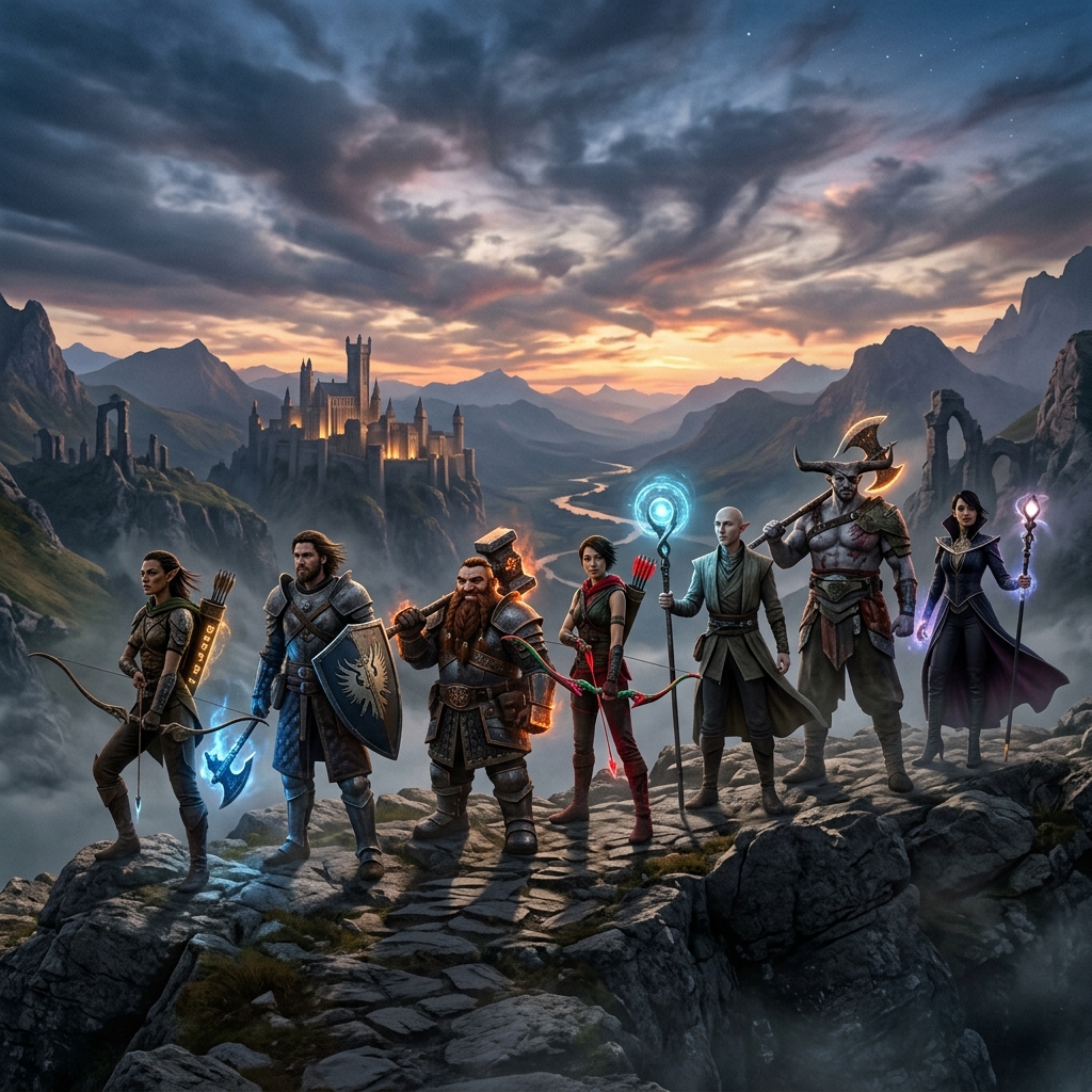 Grupo de herois diversos em uma paisagem fantastica de Thedas, com florestas e ruinas ao fundo, prontos para a batalha.